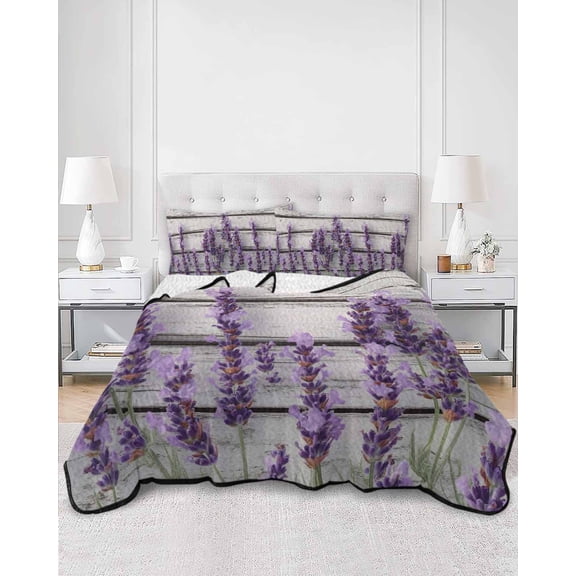 Quilts Twin XL Size, Spring Lavender Floral Soft Comforter Bedding Set for Bed, Botanical Flower Vintage Wood Grain Lightweight Quilted Bedspread with Pillow Cover(2 Pieces), 68x98 Inch