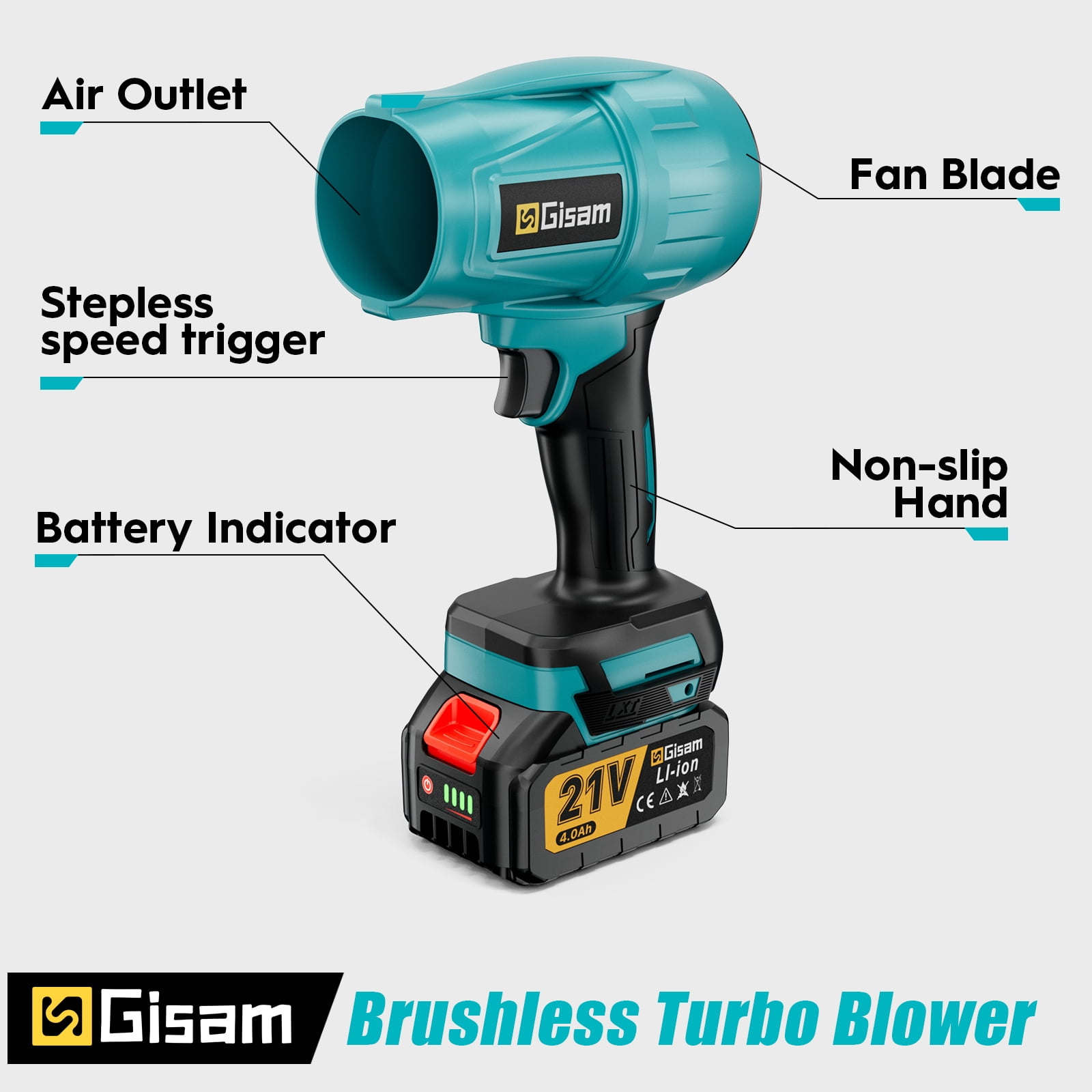 Gisam Electric Cordless Leaf Blower,128000RPM 447MPH   Handheld Leaf Blower with 2 X 4.0Ah Batteries for Patio Cleaning, Lawn Care, Blowing Leaves and Dust