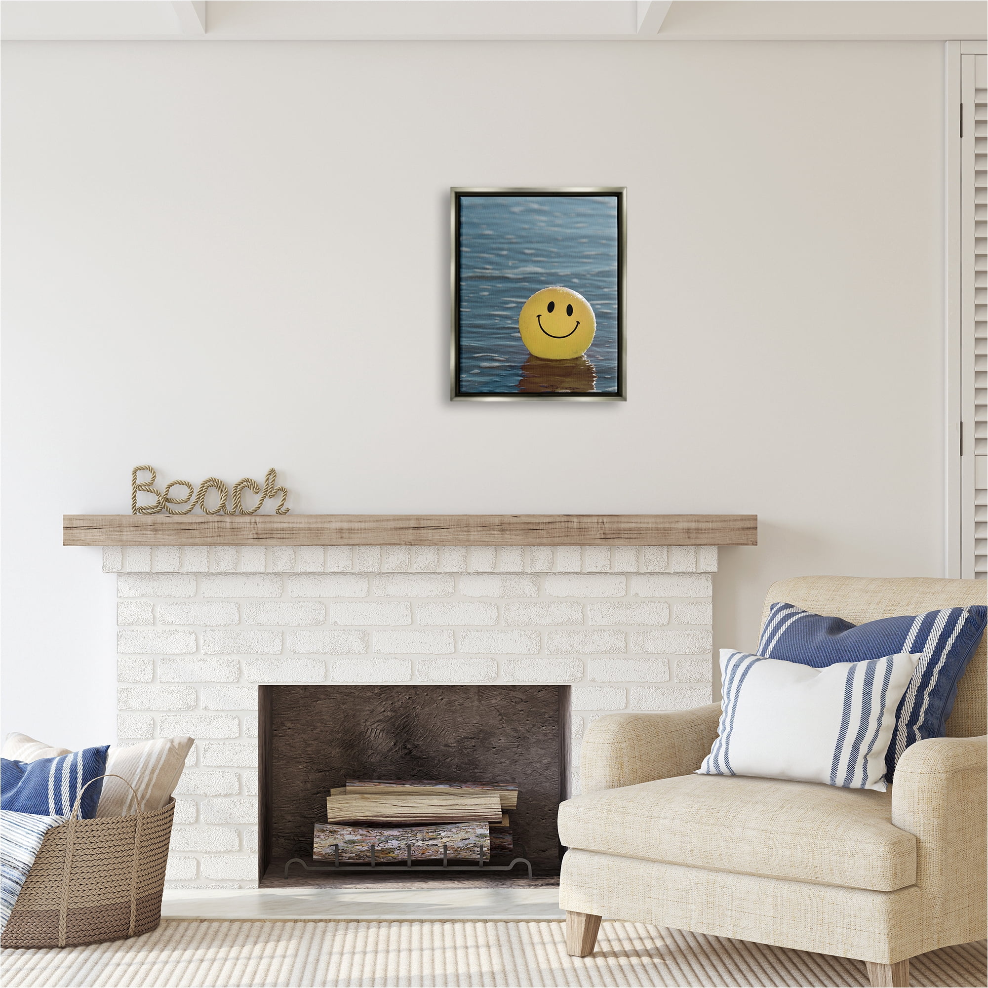 Stupell Industries Smiley Beach Ball Landscape Photography Gray Floater Framed Canvas Art Print Wall Art, 17 x 21