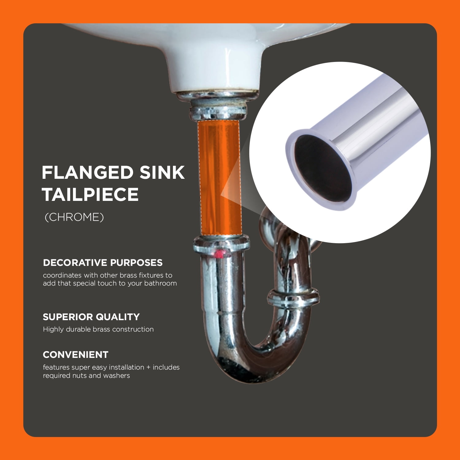 Highcraft 2383 Flanged Sink Tailpiece for Tubular Drain Applications, 1-1/2 in. x 8 in., 22GA Chrome Plated Brass