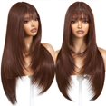 thumbnail image 1 of Peluca ZRLK de pelo largo sintético marrón con flequillo para mujer, 1 of 6