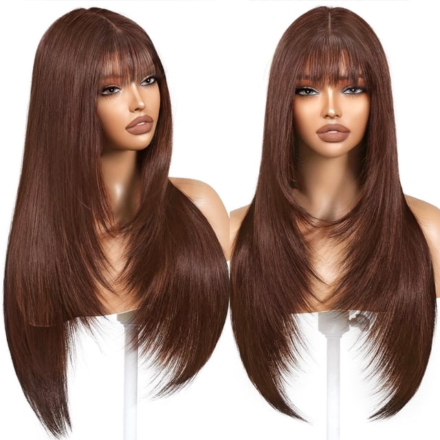 Peluca ZRLK de pelo largo sintético marrón con flequillo para mujer