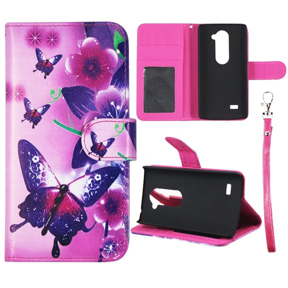 Flower Butterfy Pink Wallet Folio Case for LG Leon C40 Power Fashion Flip PU Leather Cover Card ID Card Slots & Stand