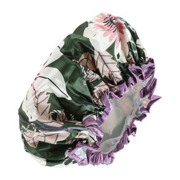 1 Pc Women Double Layer Lily Flowers Shower Cap for Bathroom Vacation Green Satin PEVA