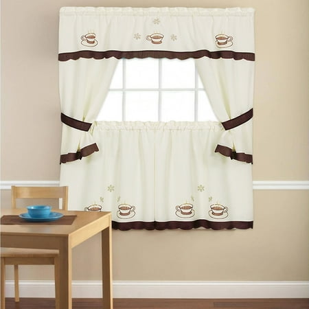 5 Piece Cottage Kitchen Curtain - Embroidered Cuppa Joe 24