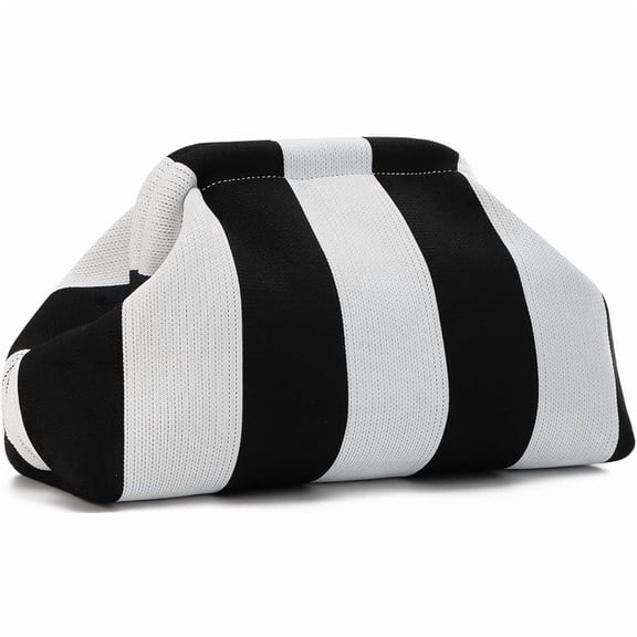 WANDF Clutch Purse for Women,Knit Striped Clutch Handbags,Woven Evening Bags,Large Dumpling Bag for Ladies,Girlfriend,Travel Makeup Storage Lightweight Portable Pouch(Black Beige Sripe)