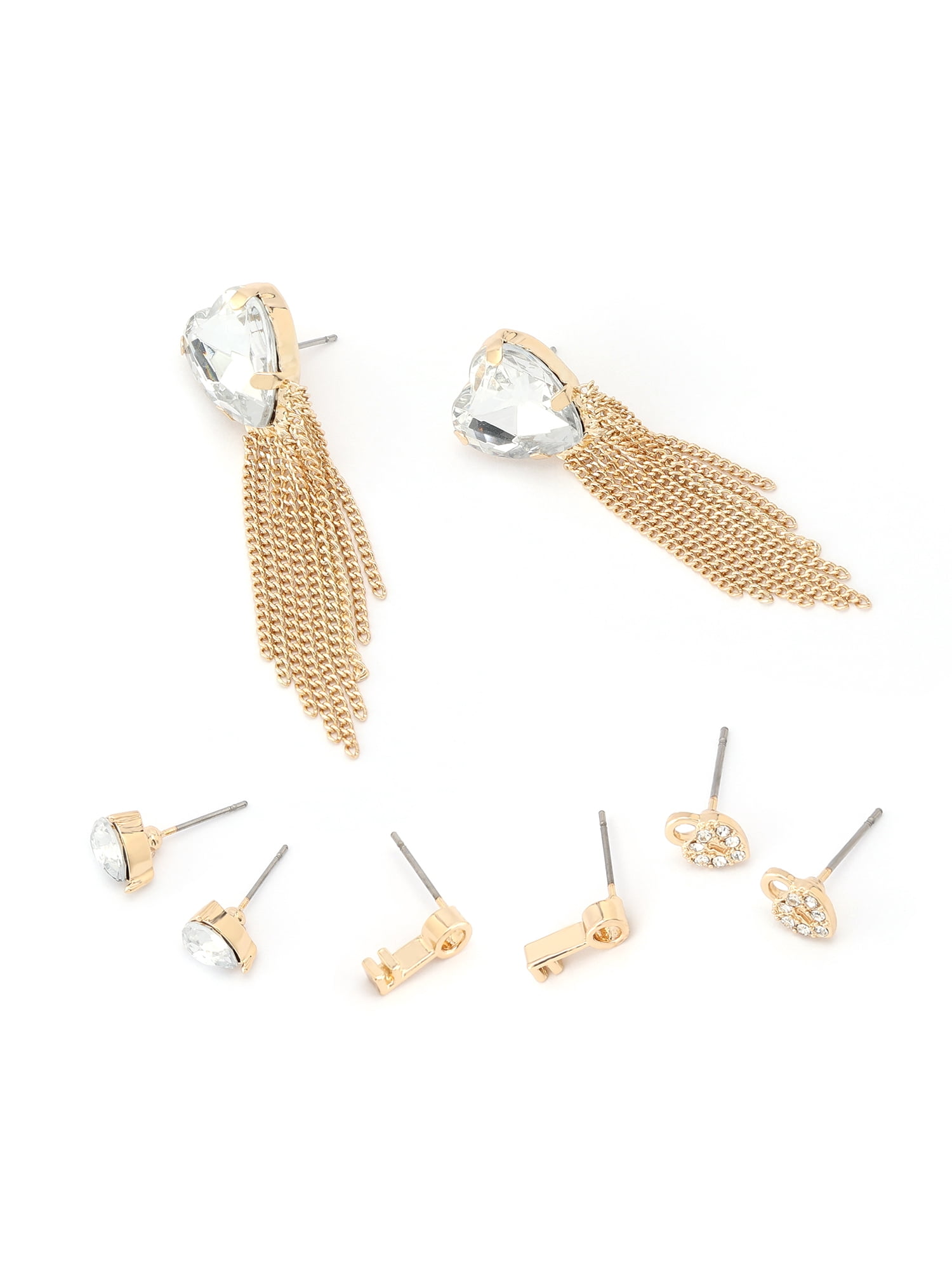 Madden NYC Women's Fashion Gold Stone Heart Fringe Drop & Stud Earring 4-Piece Giftable Boxed Statement Set