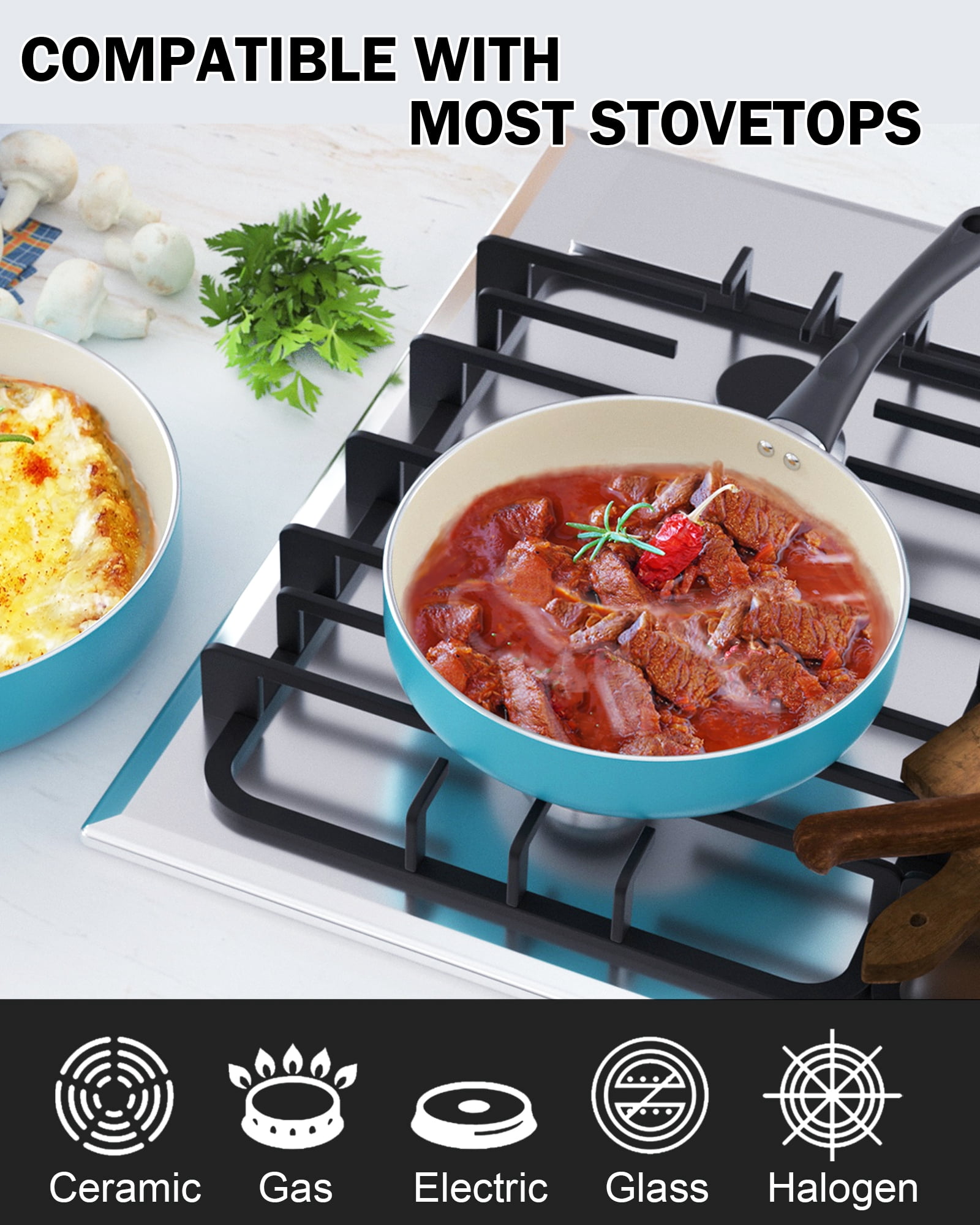 Cook N Home Basics Ceramic Nonstick Pots and Pans Cookware Set, Dutch Ovens and Saucepans with Glass Lid, Frying Pans without Lid, Not Induction, 10-Piece, Turquoise