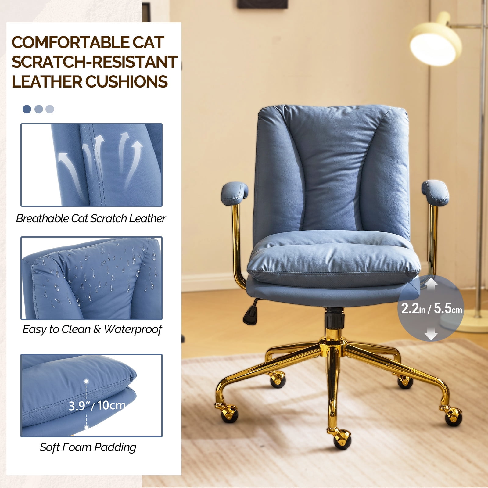 Ktaxon Office Chair High Back Study Chair Faux Leather Adjustable Swivel Vanity Chair with Padded Armrests for Conference and Home Blue