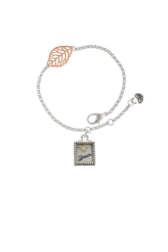 Two-tone Shadow Box ''Dream'' with Star - Rose Goldtone Leaf Delicate Bracelet, 6.25+1.75"