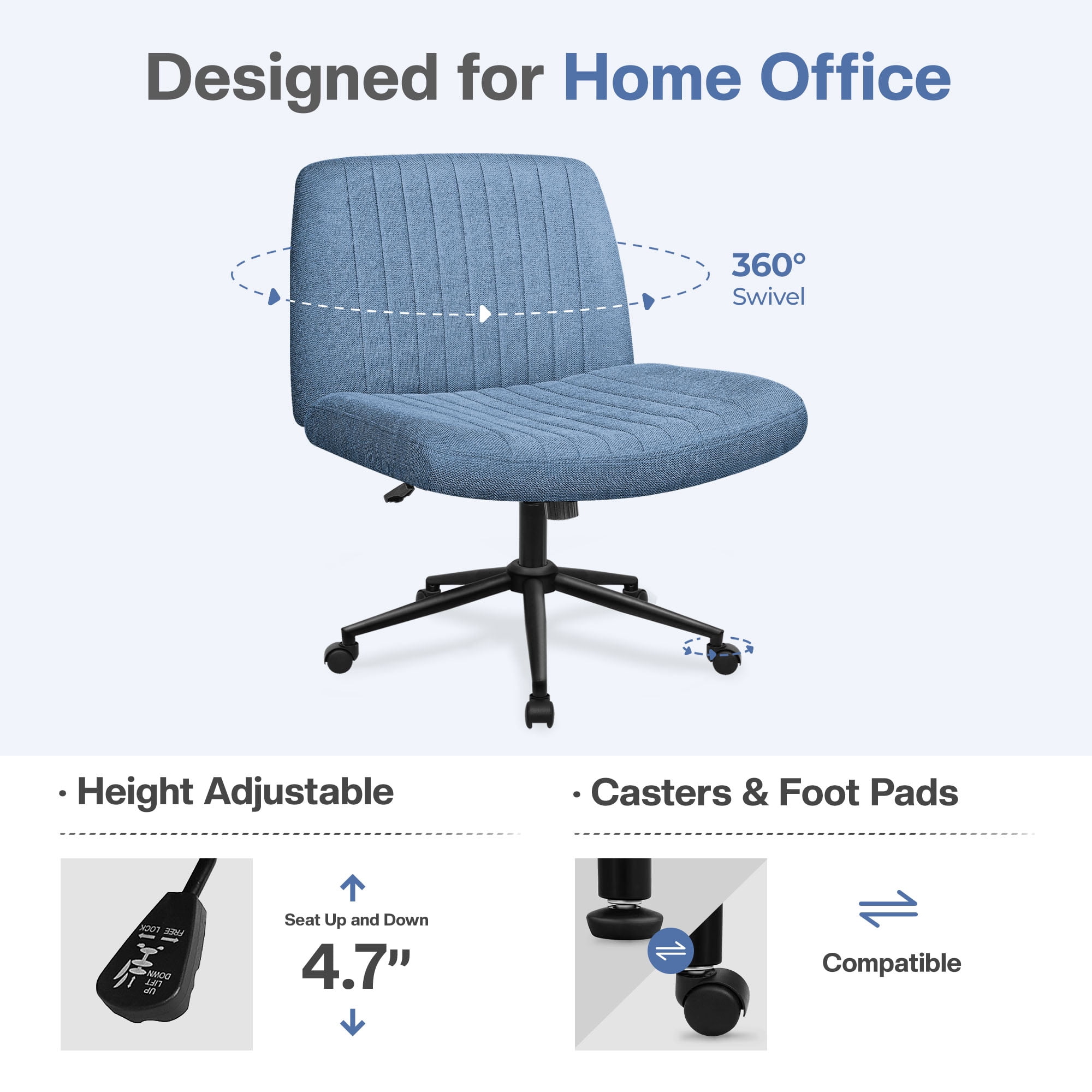 Celtoss Criss Cross Home Office Chair, Armless Swivel Task Computer Chair No Wheels, in Fabric, Vanity Style, Blue