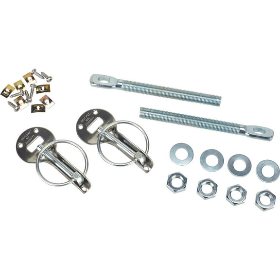 Speedway Motors Hood Pin Kit with Captive Clips, Universal Fit Steel Hood Pins with Stainless Mounting Plates, Zinc Plated Finish, 5 Inch Length, Sold as a Pair