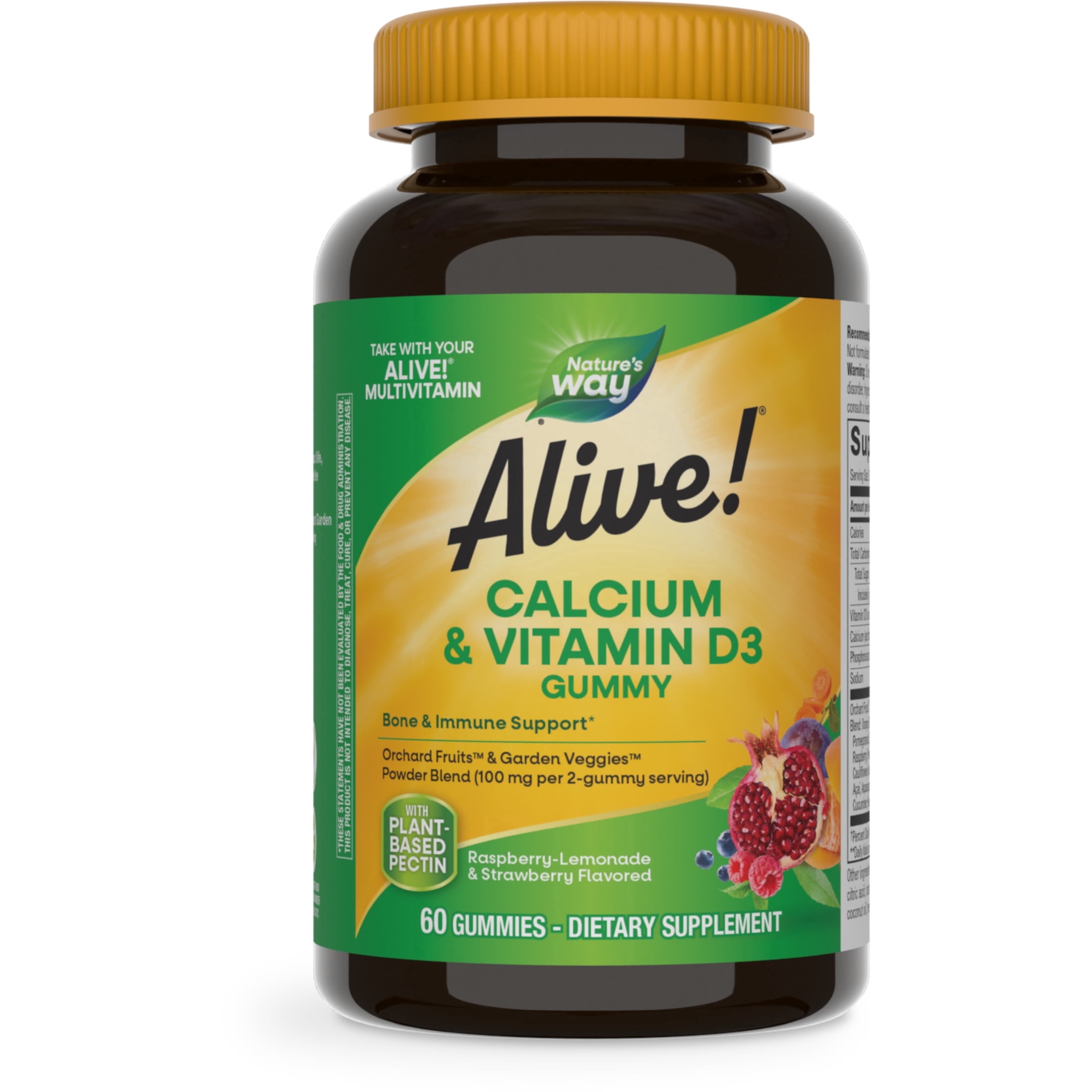 (2 pack) Nature's Way Alive! Calcium & Vitamin D3 Gummies, Strawberry & Raspberry-Lemonade Flavored, 60 Count