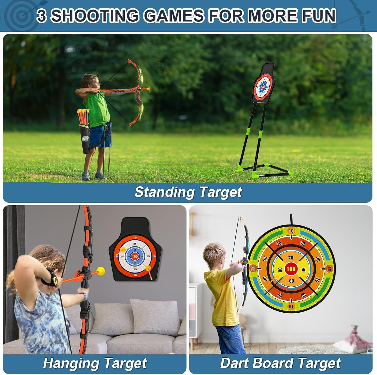 Bow and Arrow Set for Kids, 2-Pack LED Light Up Archery Set with 20 Suction Cup Arrows, Indoor and Outdoor Toy for Boys Girls Age 4-8 8-12 with Standing Target&2 Quivers