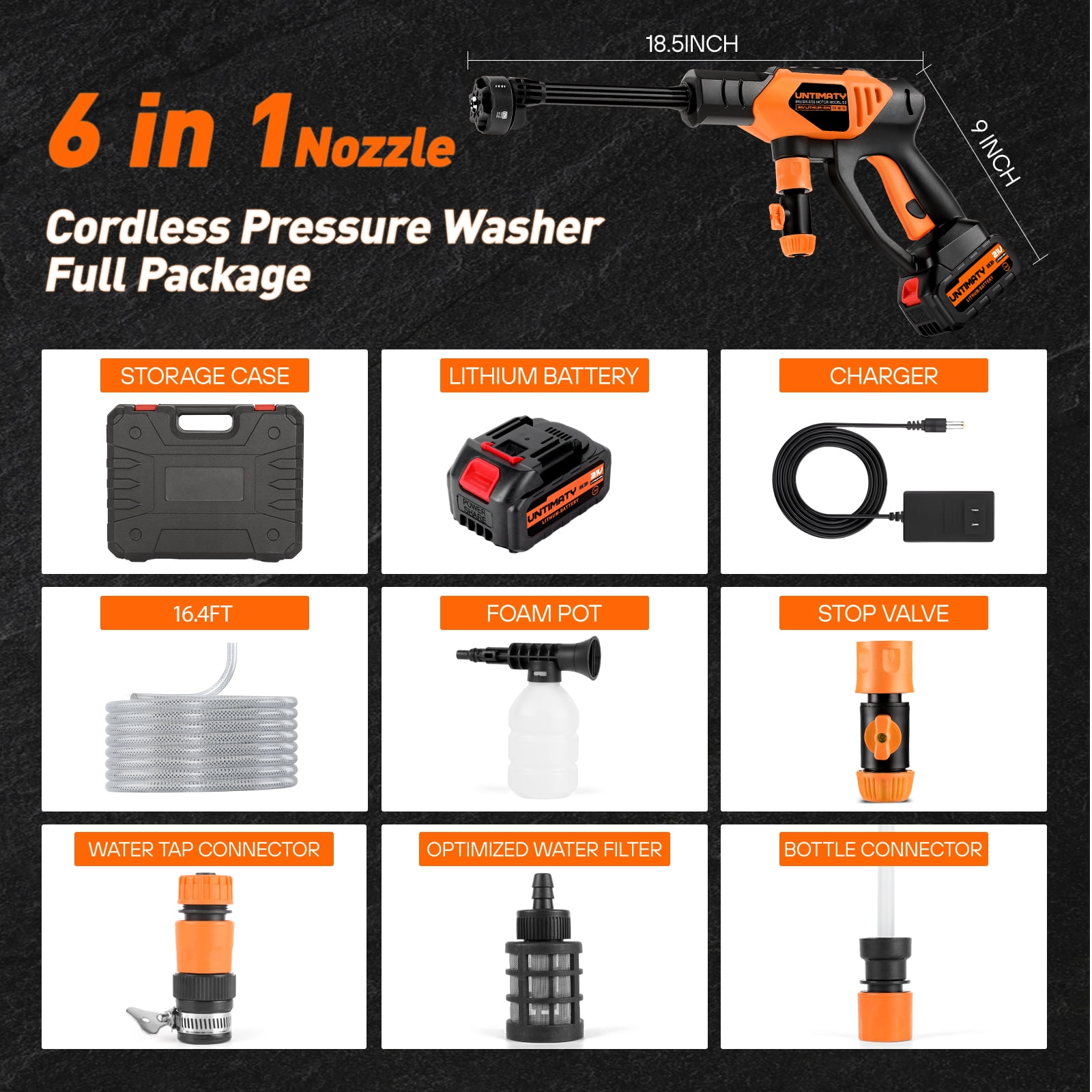 UNTIMATY 1000PSI Cordless Pressure Washer,Portable Power Washer with Rechargeable 3.0Ah Battery 6-in-1 Adjustable Nozzle, Handheld High-Pressure Car Washer Gun with Tool Case for Cars