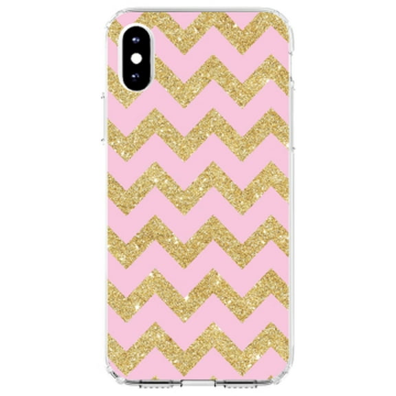 DistinctInk Clear Shockproof Hybrid Case for iPhone XS Max (6.5" Screen) - TPU Bumper, Acrylic Back, Tempered Glass Screen Protector - Pink & Gold Print - Chevron Pattern
