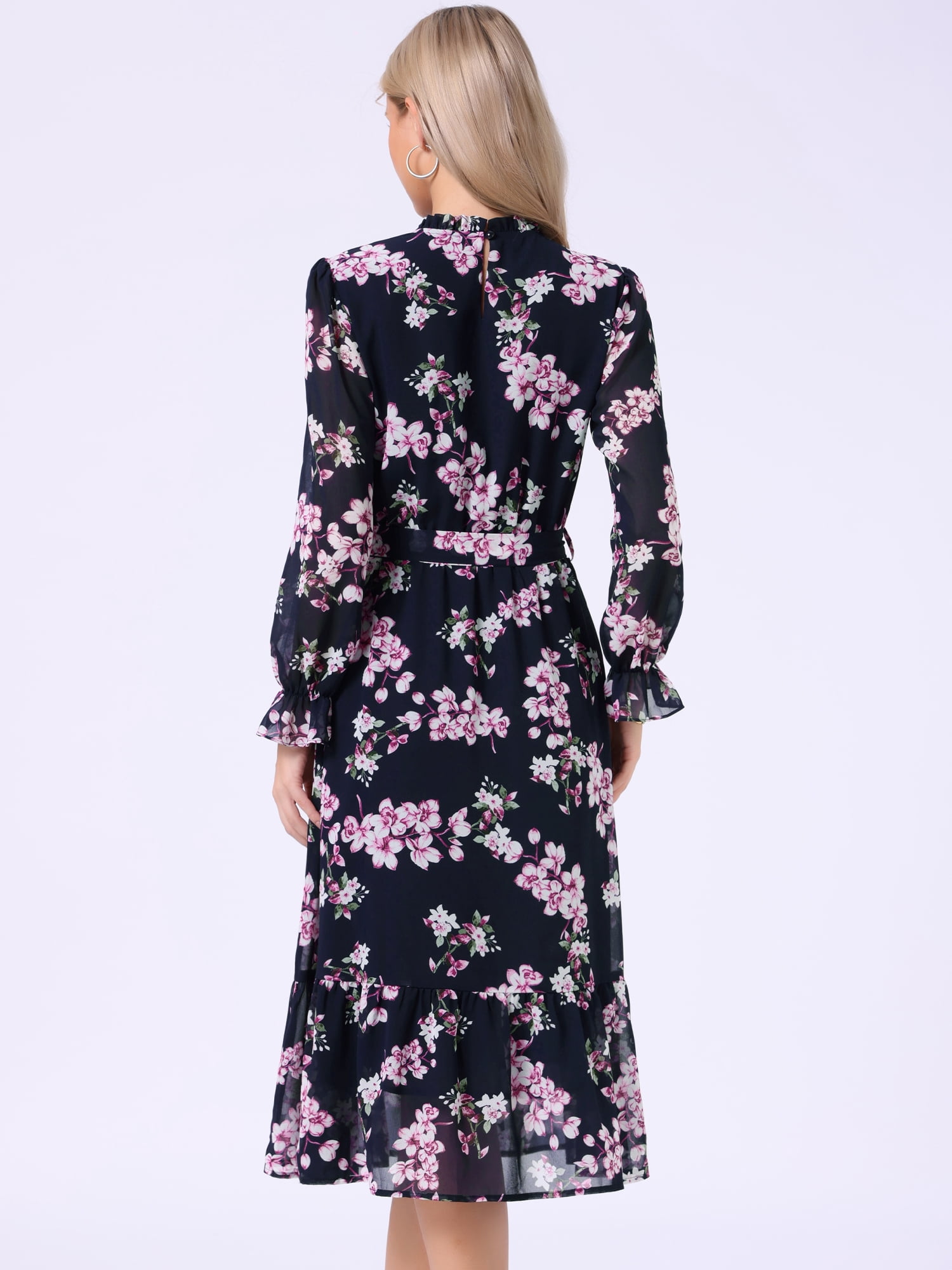 DARING DIVA Fall Floral Long Sleeve Chiffon Midi Dress M Dark Blue