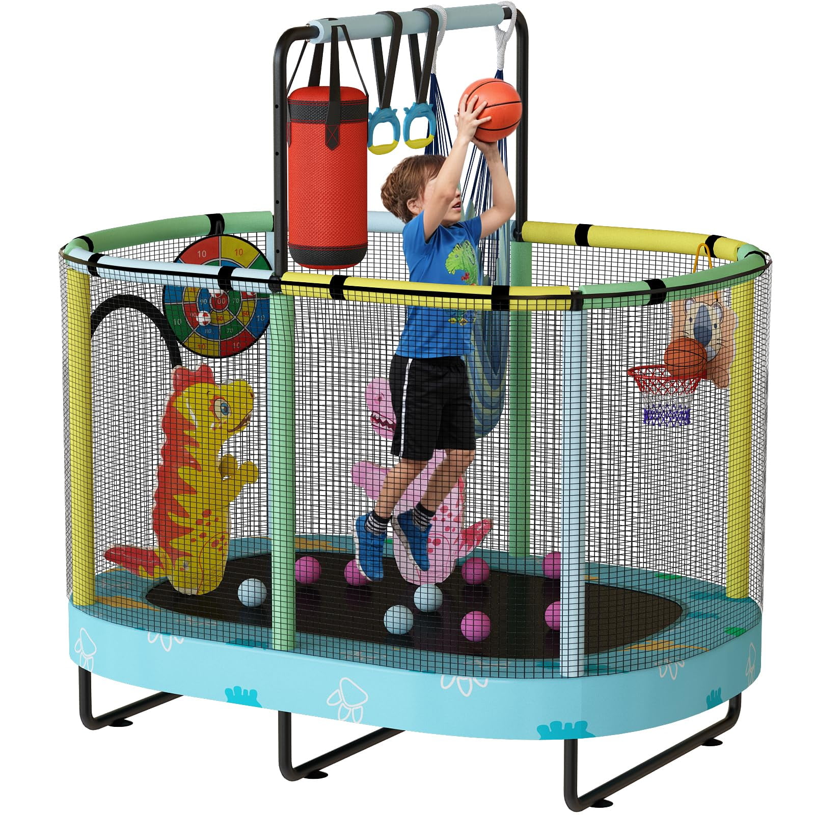 MOOSENG Elliptic Kids Trampoline, Bouncing Trampoline with Safety Enclosure Net, Adjustable Height Handrail, 500lbs Capacity, Designs for Boys & Girls, 7-in-1, 55” (Blue Dinosaur)