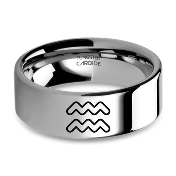 Aquarius Astrology Sign Engraved Silver Tungsten Carbide Ring, 8mm, Size 15