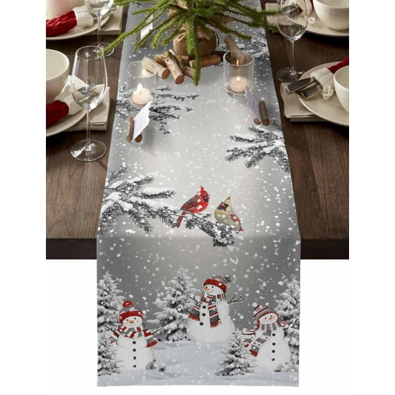 Christmas Table Runner Cardinal Bird Snowman Table Runners Grey Snowy Pine Tree Forest Cotton Linen Dresser Scarf Kitchen Dining Table Decor for Christmas Holiday Party Decor 13x72 Inch