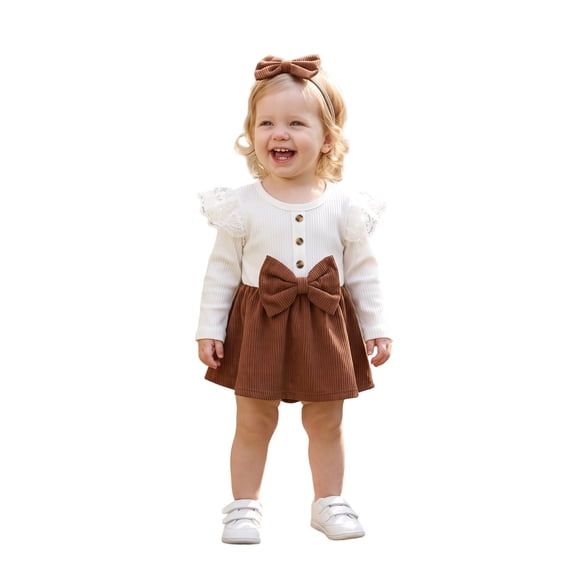 Baby Girl Fall Bodysuit Lace Ruffle Long Sleeve Romper Dress and Headband