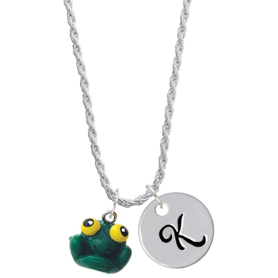 Delight Jewelry Resin Big Eyed Frog Silvertone Script Initial Disc - K - Charm Necklace, 20"+3"