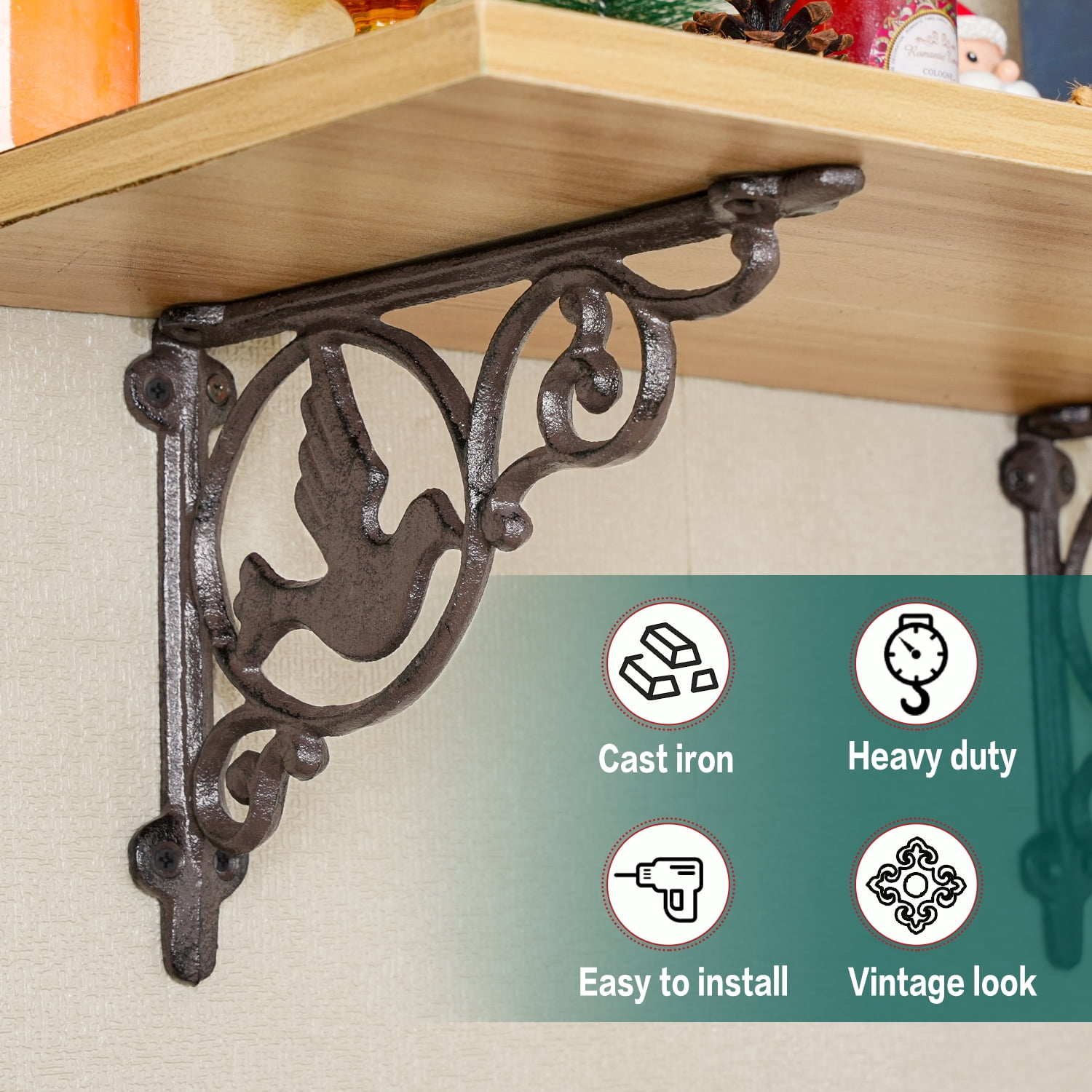 Sungmor 9.2 Inch Cast Iron Rustic White Brackets for Shelves, 2PC Vintage Decorative Angle Support Doorway Bracket, Shelves Corbels, Wall Mounted Floating Shelf Bracket
