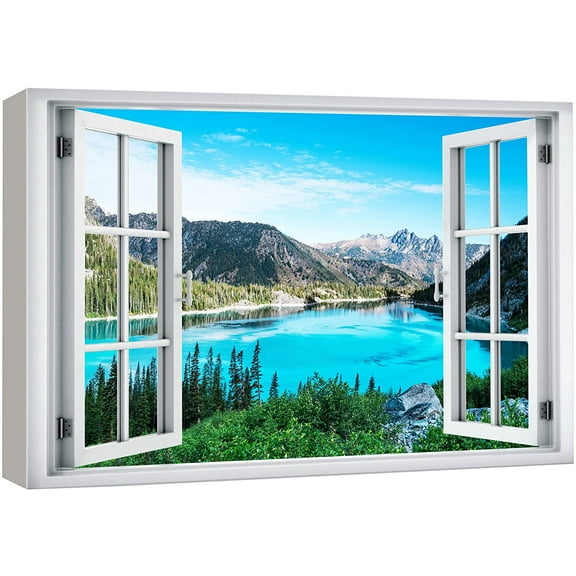 wall26 Canvas Print Wall Art Window View Aerial Mountain Range Neon Lake Forest Wilderness Nature Photography Realism Scenic Landscape Colorful Multicolor for Living Room, Bedroom, Office - 32"x