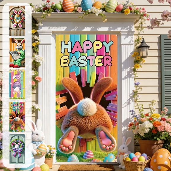 AZXY 35x71 Inch Easter Bunny Door Cover, Bunny Face Wreath with Rainbow Bow Door Banner, Spring Adorable Porch Wall Hanging Decor for Easter Party
