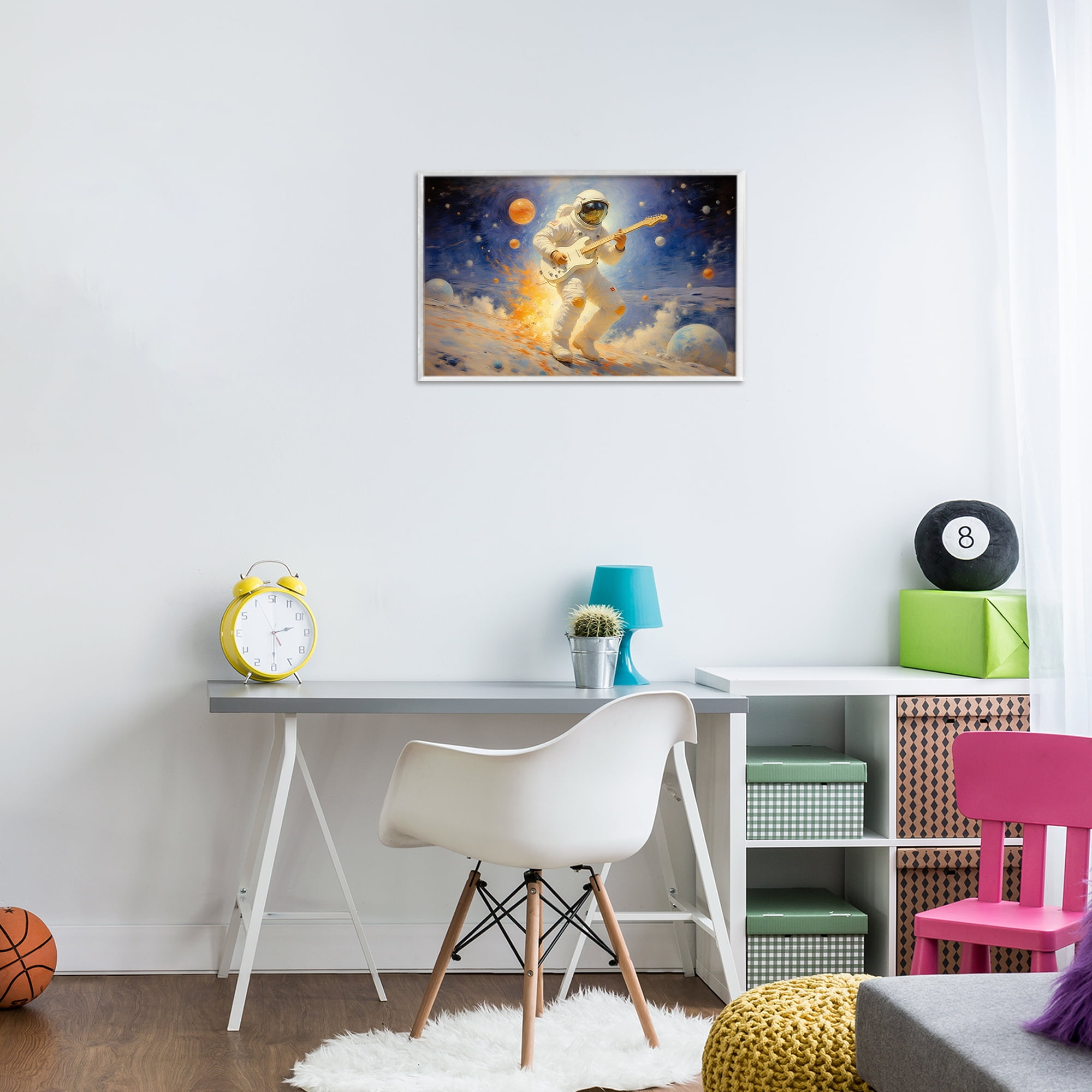 Space Astronaut Musician White Framed Giclee Art, design by Angie Hawke