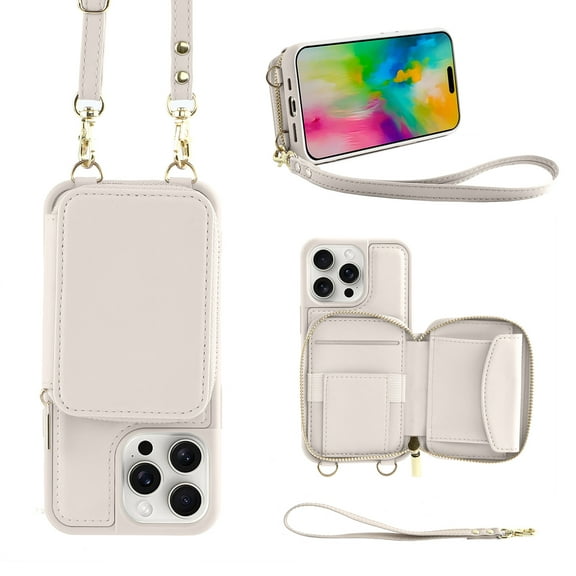 Ancove for iPhone 15 Pro RFID Blocking Wallet Case , Adjustable Crossbody Zipper Purse Case Card Holder with Kickstand Detachable Wrist Strap, PU Leather Flip Folio Case for Women,White