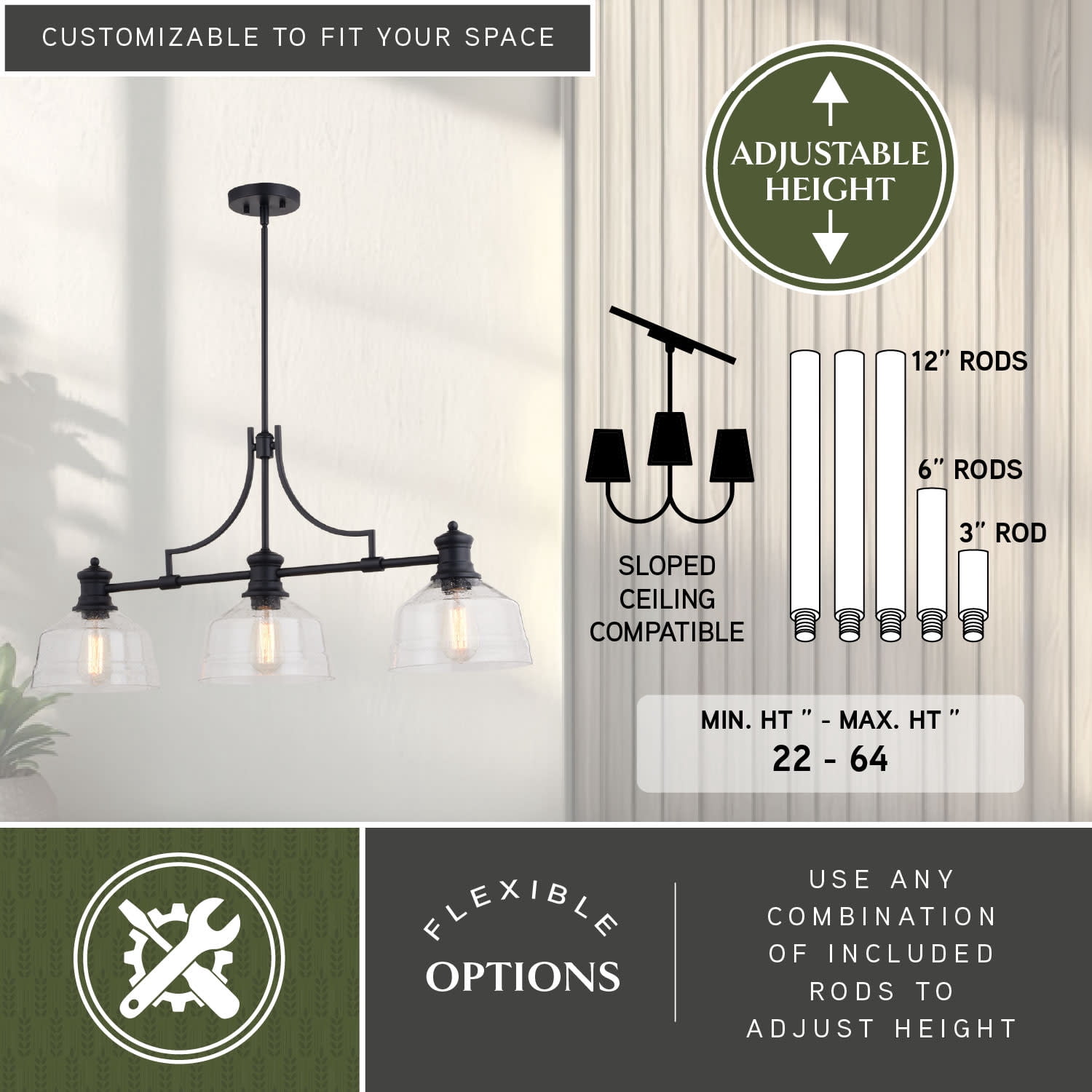 Beloit 3L LED Compatible Black Farmhouse Linear Chandelier Island Pendant Light Fixture Clear Glass