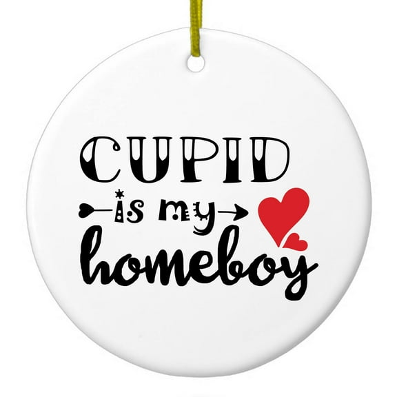 DistinctInk Hanging Ceramic Christmass Tree Ornament with Gold String - Great Gift / Present - 2 3/4 inch diameter - Cupid is My Homeboy - Heart - Valentine