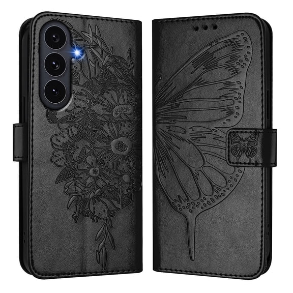 Butterfly Embossed Leather Wallet Phone Case for Galaxy S26 FE Flip Folio Card Holder Shockproof Protective Cover with Magnetic Clasp Kickstand.YB01
