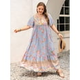 thumbnail image 6 of Dusty Blue Bohemian Plus Size Floral V-Neck Loose Maxi Dress For Summer Beach Holiday Party, 6 of 8
