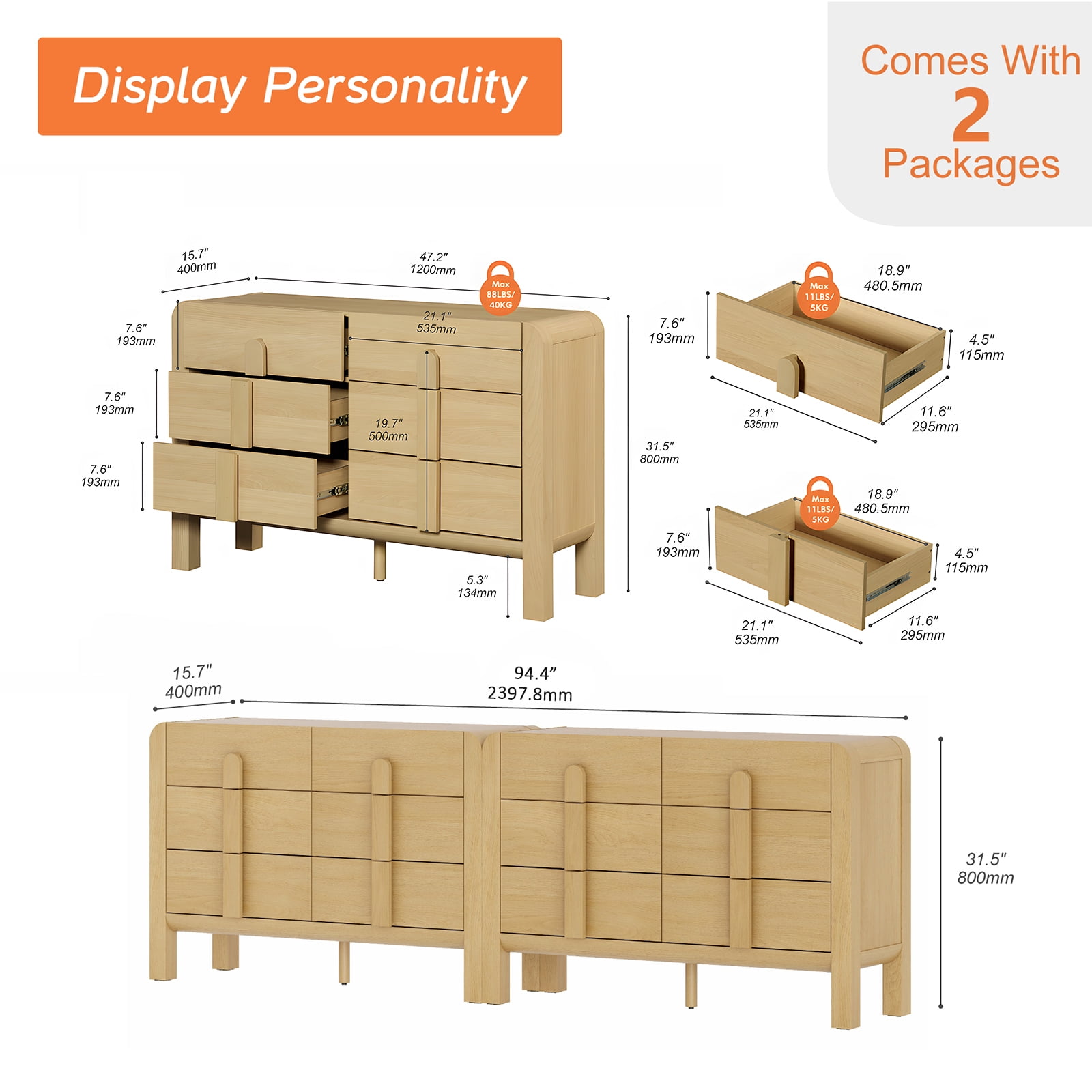 Mid Century 6 Drawer Dresser Set of 2, 47.2" Modern Chest of Drawers with Storage, Curved Profile Wood Double Dresser for Bedroom, Living Room, Hallway