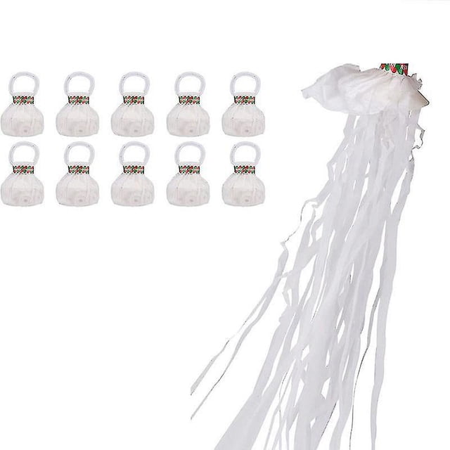 10 pack no mess streamer poppers pop out streamers hand throw wedding party confetti paper crackers for engagement birthday graduation send off party paquete de 10 poppers blancos mostrados en formación, uno desplegado con largas tiras de papel blanco y anilla de plástico; cada cracker es una bolsita de papel que se gira y lanza para liberar tiras sin desorden, ideal para despedidas nupciales, compromisos, graduaciones y fotos de celebración.
