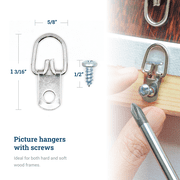 Picture Hang Solutions 1-Hole D-Ring Picture Frame Hangers, Steel, 10 lb Capacity, 100 Pieces, 1 1/4 x 5/8 Inch