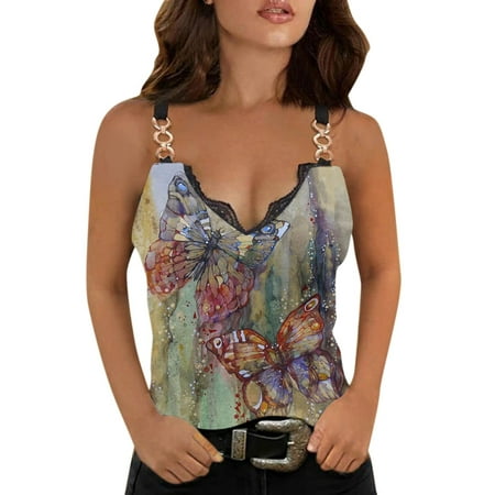 

Womens Tops Dressy Casual Fashion Woman V-Neck Sleeveless Blouse Cami T-Shirt Printing Camis Tops Butterfly Printing Halter Camisole Corset Tops For Women Purple XXL