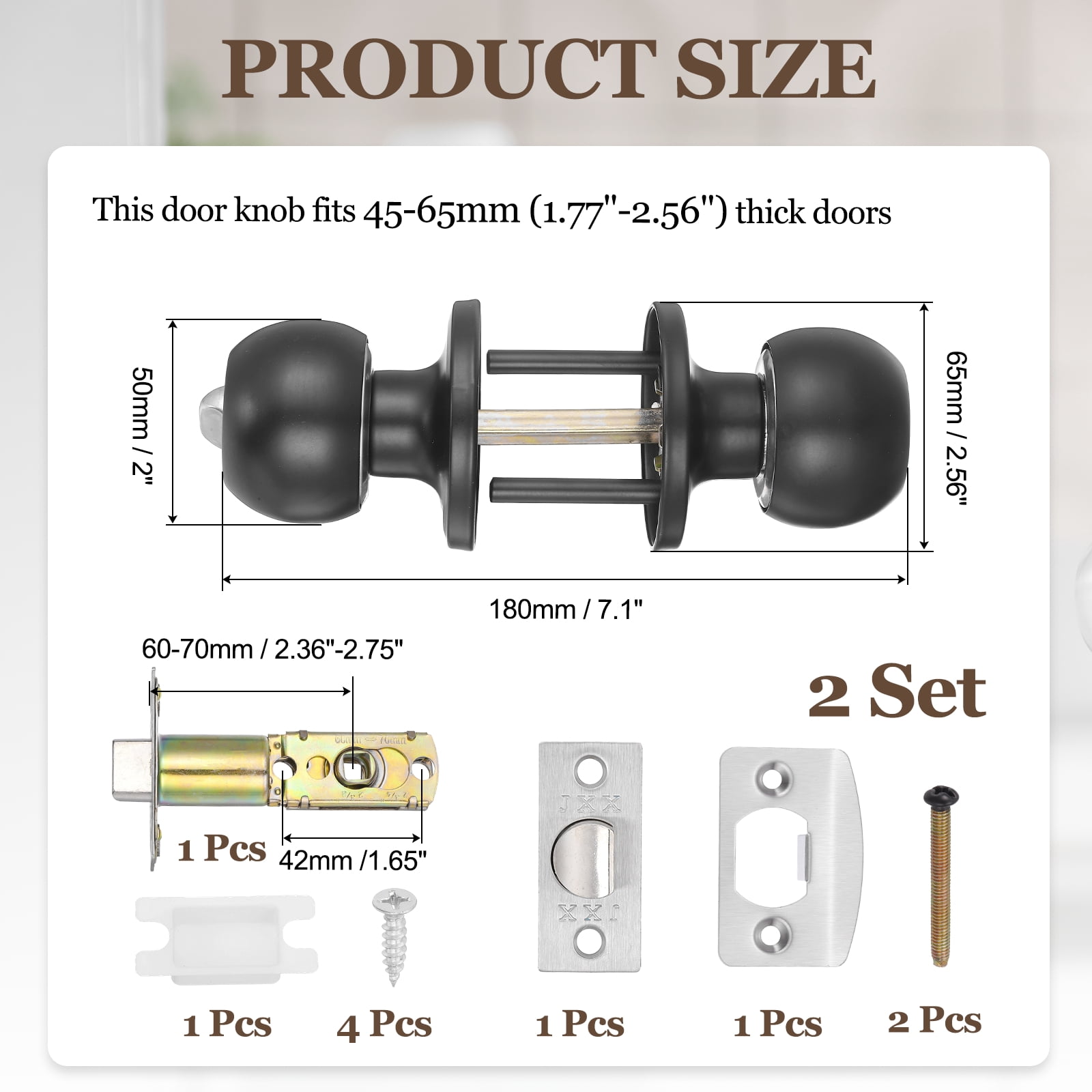 2 Pack Privacy Door Knob, Round Interior Door Handles Keyless Turn Lock Doorknob with Screws Fits 1.77"-2.56" Thickness for Bedroom, Bathroom Closets, Black