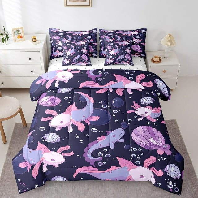 YST Pink Axolotl 7-Piece Cartoon Marine Animal Bedding Set, Queen, Ocean Theme