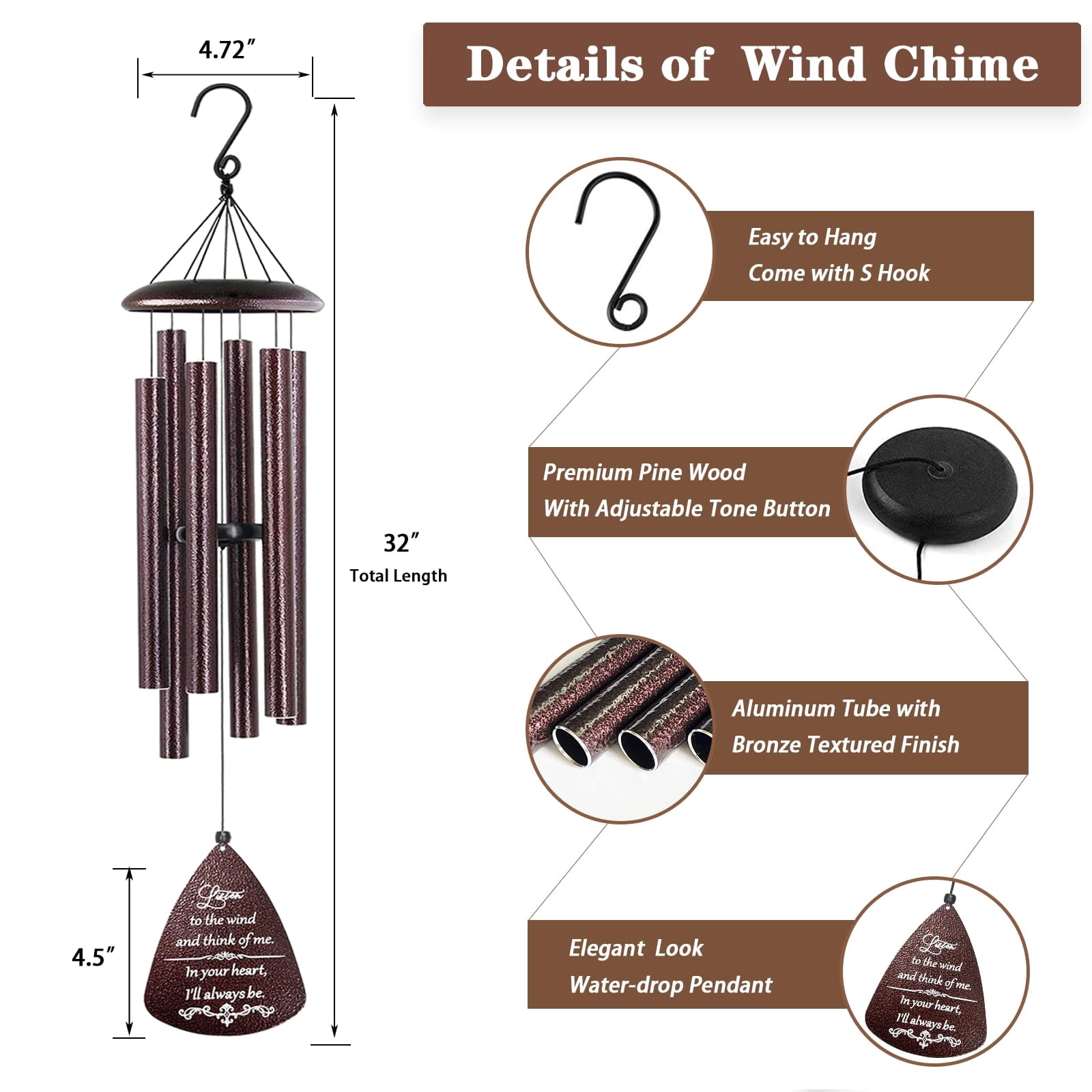 Sympathy Wind Chimes For Outside  32'' Memorial Loss Of Loved One Gifts Mother Father Bereavement Gift In Memory (bronze)