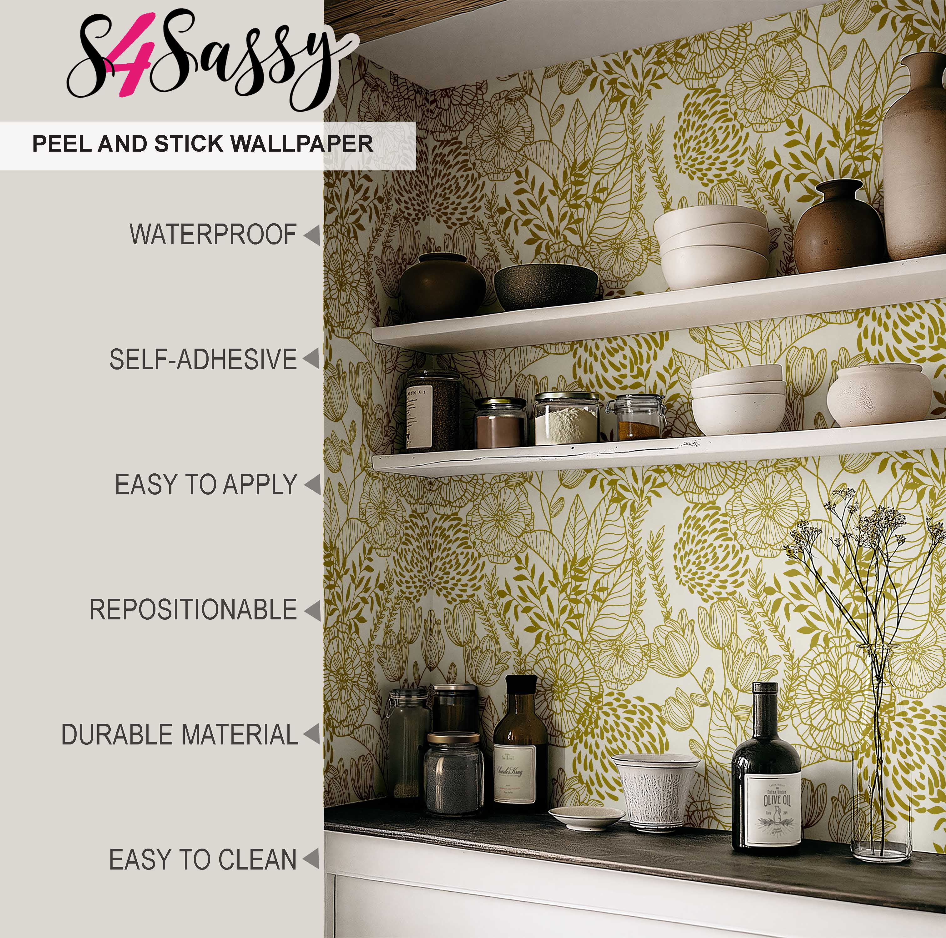 S4Sassy Peel and Stick Wall Covering, Floral Garden Wallpaper Removable Wallwrap - Yellow Instant Wall Mural for Bedroom, Bathroom, Laundry Room, Closet Interior (25"x60" inch)