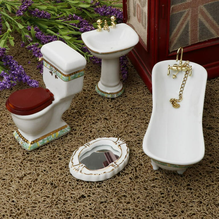 Dollhouse Bathroom 4 Piece Set, Tub Sink Toilet & Mirrow, Miniature Dolls  House Accessories, White 1/12 Scale
