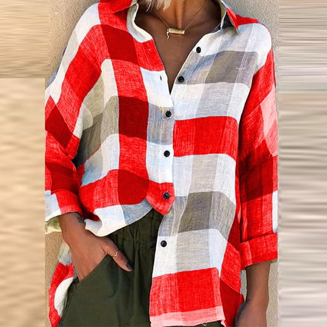 Puntoco Blusa con estampado de cuadros sueltos a la moda para mujer con tops de manga larga Puntoco Puntoco-2001