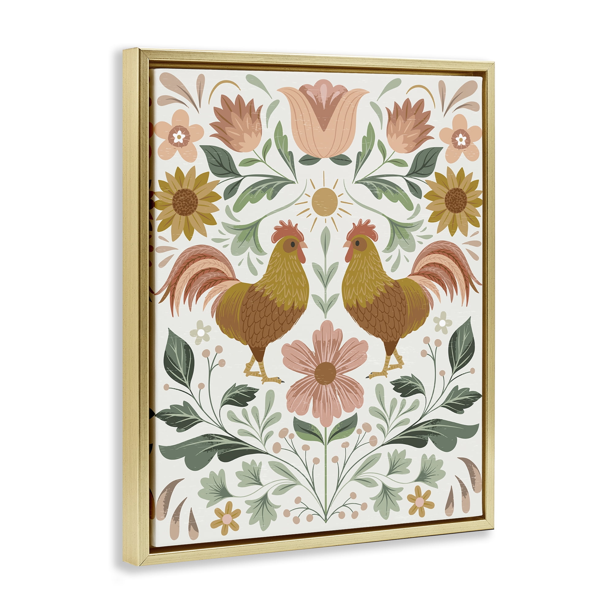 Stupell Industries Hen & Florals Pattern Animals Painting Gold Floater Framed Canvas Art Print Wall Art, 25 x 31