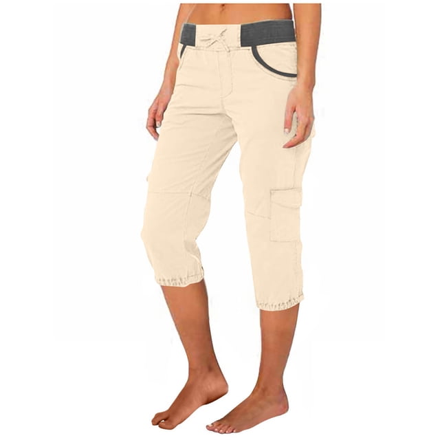 Mgmyaa Pantalons Cargo Décontractés pour Femmes, Couleur Unie, Taille Mi-Haute, Pantalons Raccourcis avec Poignets Rétractables