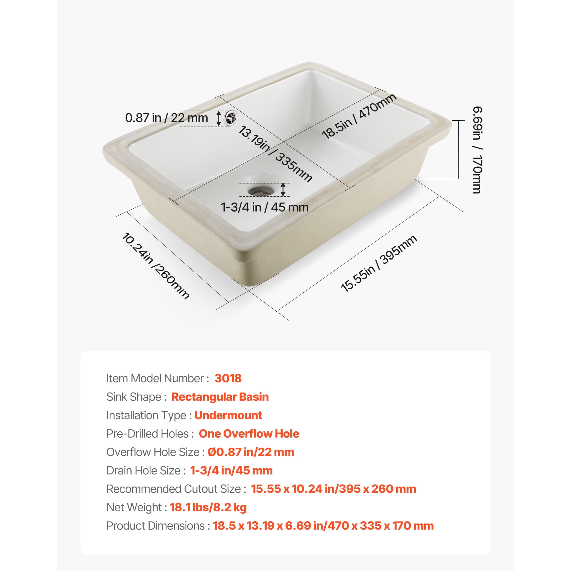 KFFKFF Rectangular Undermount Bathroom Sink, 3018, 18.5 x 13.19 Inch Ceramic, White
