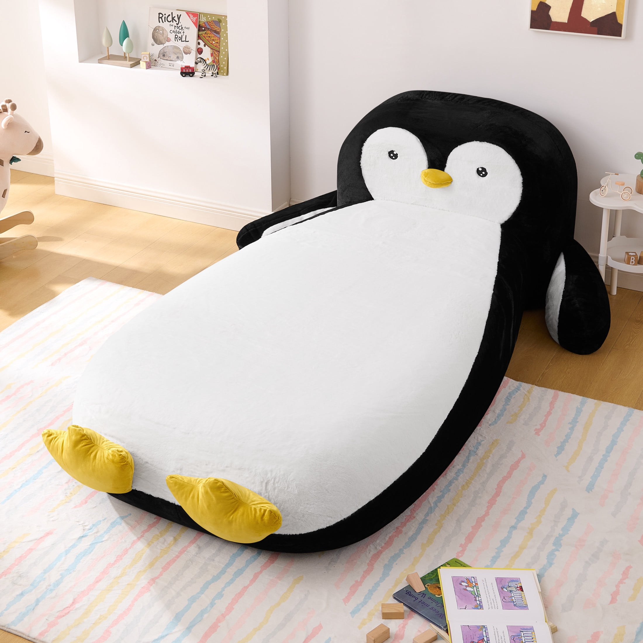 Noble House Brento Twin Size Penguin Bed Lounger Chair, Fluffy Faux Fur Sleeper Sofa for Kids Playroom, Black & White