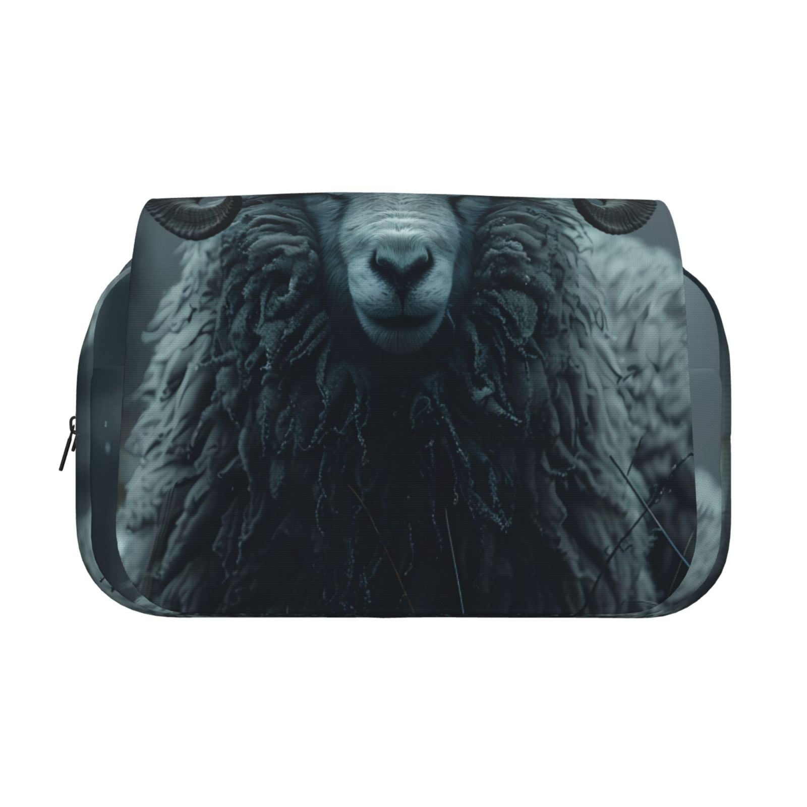 Rateoe Moody Ram Portrait Pattern Double Clamshell Pen Case, Storage Organizer with Two Zipper Compartments– Holds Up to 50 Pencils & Pens